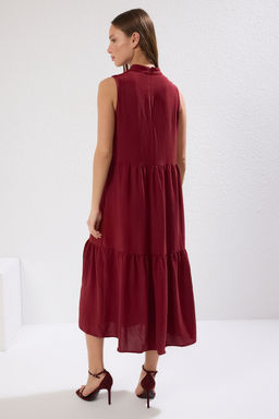 Bordo Shift/Duz Kesim Dik Yaka Midi Dokuma Elbise TWOSS20EL1864