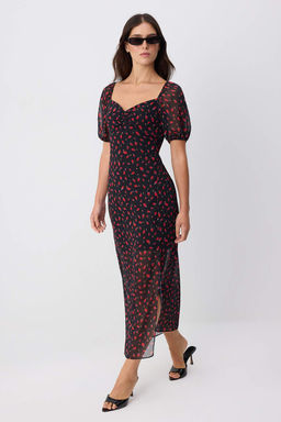 Siyah _i_ekli Kalp Yaka Shift/D_z Kesim Maxi Dokuma Astarl_ _ifon Elbise TWOSS26EL00960