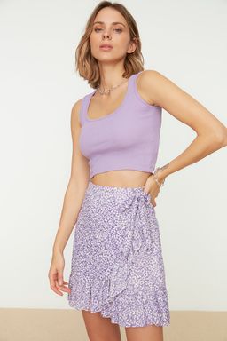 Lila Bask?l? Volanl? Yuksek Bel Mini Esnek Orme Etek TWOSS21ET0010