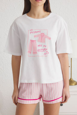 Trendyolmilla Beyaz-Pembe %100 Pamuklu Cizgili Bask?l? Sortlu Orme Pijama Tak?m? THMSS25PT00115 фото 9