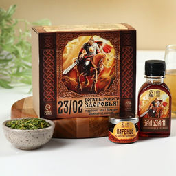 Набор Богатырского здоровья: чай травяной 20 г., варенье из сосновых шишек с брусникой 30 г., сироп 100 мл.