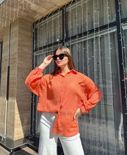 K11779 Рубашка марлевка OVER SIZE ОРАНЖЕВЫЙ