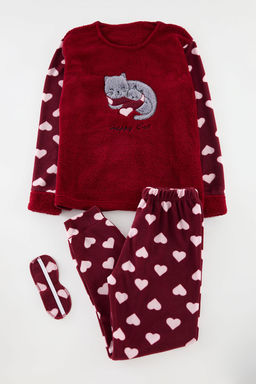 Trendyolmilla Bordo Kalpli Kedi Nak?sl? Uyku Bantl? Polar K?sl?k Orme Pijama Tak?m? THMAW21PT0669