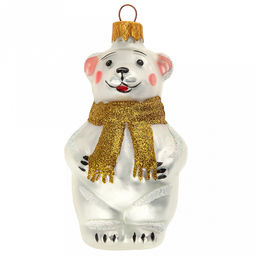 Елочная игрушка фигурка стеклянная Мишутка в шарфе h9см, золотой, ручная художественная роспись, подарочная упаковка (Россия)