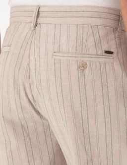 Haki Slim Fit Keten Kar___ml_ _izgili Dokuma _ort
