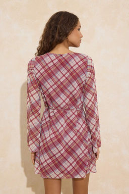 Bordo Ekose / Kareli K?sa / Mini Dokuma Elbise TWOAW26EL00335