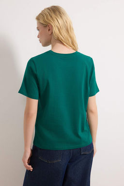 Zumrut Yesili-Ekru %100 Pamuk Bisiklet Yaka 2li Paket Orme T-Shirt TWOSS20TS0141