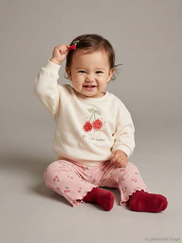 Kiraz Detayl? Yumu?ak Dokulu K?z Bebek Sweatshirt ve Tayt