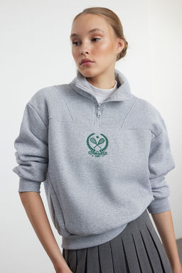TRENDYOLMILLA Gri Melanj Nak?sl? Regular Kal?p Kal?n Ici Polarl? Fermuarl? Yaka Orme Sweatshirt TWOAW25SW00125