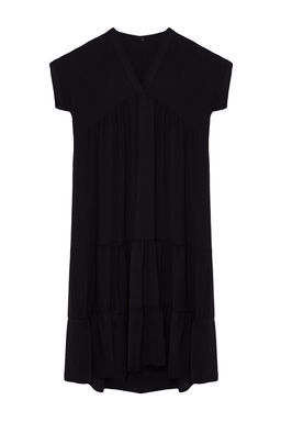 Siyah Duz Genis Kesim V Yaka Etegi Volanl? Aerobin Dokuma Elbise TWOSS24EL01031