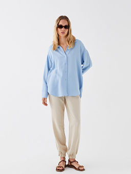 D?z Uzun Kollu Oversize Keten Kar???ml? Kad?n G?mlek