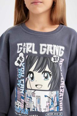 Толстовка оверсайз с круглым вырезом для девочек с принтом - Defacto фото 5