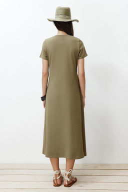 Haki Cepli Bisiklet Yaka A-Line Orme Midi Elbise TWOSS24EL00169