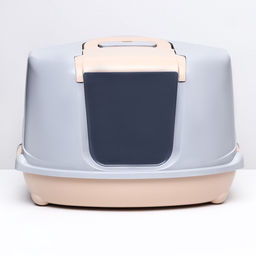 Туалет-домик угловой для кошек закрытый с дверцей 57×46×37 см, бежево-серый