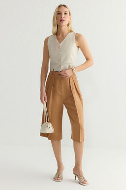 TRENDYOLMILLA Ac?k Haki Fitted Keten Gorunumlu V Yaka Crop Dokuma Yelek TWOSS25YE00028  фото 2
