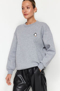 Gri Animal Nak?sl? Regular/Normal Kal?p Kal?n Ici Polarl? Orme Sweatshirt TWOAW24SW00196