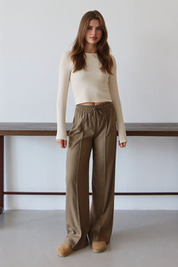 Camel Nervurlu Genis Paca Uzun Dokuma Pantolon TWOAW26PL00111