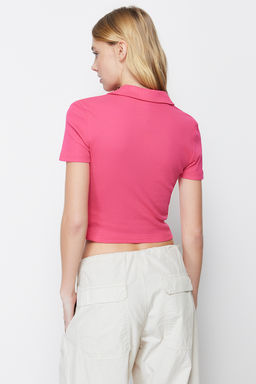 Fusya Fitted/Vucuda Oturan Crop Polo Yaka Fitilli Esnek Orme Bluz TWOSS21BZ0038