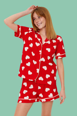 K?rm?z? %100 Pamuklu Kalpli Biye Detayl? Sortlu Orme Pijama Tak?m? THMSS21PT1200