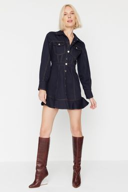 TRENDYOLMILLA Haki Dugme ve Dikis Detayl? Mini Dokuma Gomlek Elbise TWOAW23EL01424