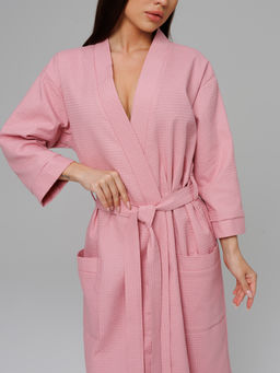 Женский укороченный вафельный халат с планкой пудрово-розовый В-11 (102) - Росхалат фото 4