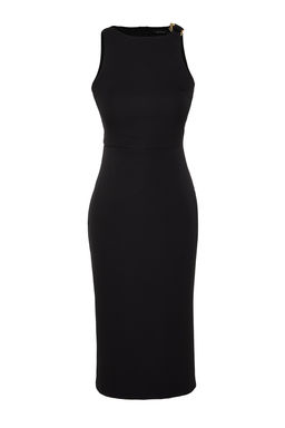 Siyah Vucuda Oturan Yakas? Aksesuar Detayl? Midi Kalem Etek Dokuma Elbise TWOSS23EL02115