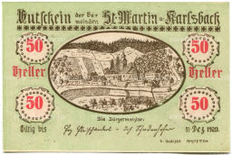 Банкнота 50 геллеров 1920 года Австрия Санкт-Мартин-Карлсбах (нотгельд)