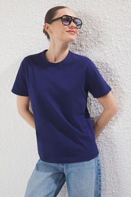 TRENDYOLMILLA Lacivert %100 Pamuk Regular/Normal Kal?p Takma Yaka Detayl? Orme T-Shirt TWOSS25TS00181  фото 6