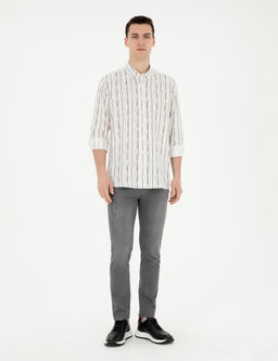 Siyah Keten Kar___ml_ Slim Fit Uzun Kollu G_mlek