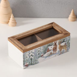 Шкатулка для чая 2 деления Олени у заснеженного домика, дерево, 9.2?18?7 см
