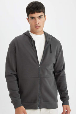 Siyah Comfort Regular Fit Rahat Kal?p Kapusonlu Kal?n Ici Yumusak Tuylu Fermuarl? Sweatshirt - Defacto фото 4