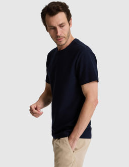 Lacivert Slim Fit Saf Pamuk _nce Fitilli Bisiklet Yaka T-shirt