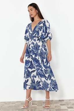 Mavi Cicekli A Kesim Kruvaze Yaka Midi Dokuma Elbise TWOSS24EL01028 - Trendyolmilla фото 2