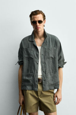 CAMISA RELAXED FIT 100% LINO PLIEGUES / Verde pato