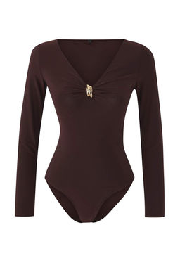 Kahverengi Aksesuar Detayl? V Yaka Vucuda Oturan Esnek Orme Alttan C?tc?tl? Body TWOAW26BD00002