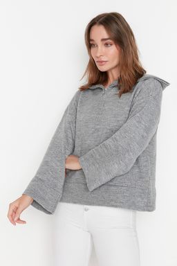 Gri Genis Kal?p Yumusak Dokulu Basic Triko Kazak TWOAW23KZ00236