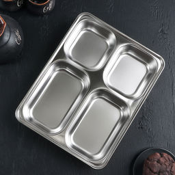 Поднос глубокий из нержавеющей стали, 4 секции, 28×22×4.5 см, 420 мл/280 мл