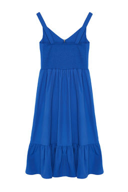 Koyu Mavi Belden Ac?lan Fermuar Detayl? Midi Astarl? Dokuma Elbise TWOSS20EL2208