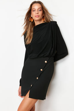 Siyah Vucuda Oturan Vatkal? Dugme Detayl? Mini Dokuma Elbise TWOAW24EL00483
