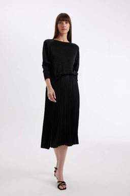 Женский черный классический крой с круглым вырезом и рукавами реглан, серебристый базовый однотонный трикотажный свитер - Defacto фото 2