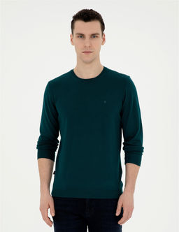 Ye_il Slim Fit Bisiklet Yaka Y_n Kar___ml_ Basic Triko Kazak