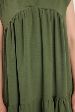 Haki Duz Genis Kesim V Yaka Etegi Volanl? Aerobin Dokuma Elbise TWOSS24EL01031 - Trendyolmilla фото 4