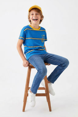 Mavi Pamuklu Cizgili Bask?l? Regular/Normal Kal?p K?sa Kol Orme T-Shirt TKDSS25TS00063 - Trendyolmilla фото 3