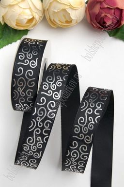 Лента репсовая 2,5 см*20 ярд "Узор" SF-5852, черный/серебро №39