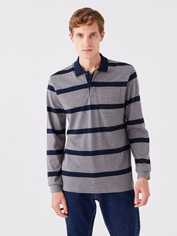 Polo Yaka Uzun Kollu ?izgili Erkek Sweatshirt