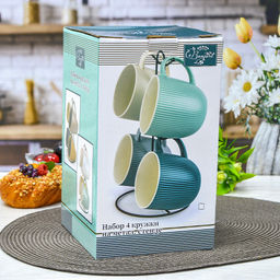 Набор кружек 4 шт 380мл керамика на мет.подставке арт. 202378