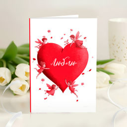 Открытка 4 шоколадки "Люблю (большое сердце с ангелами)"