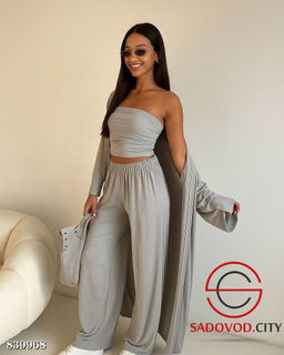 Костюм тройка: топ, брюки и длинная накидка