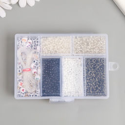 Бисер стекло 8/0 в шкатулке «Чёрно-белый», бусины + нить 0.8 мм, 5 м, 12×8.4×2.2 см