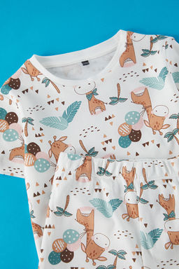 Cok Renkli K?z Cocuk %100 Pamuklu Hayvan Bask?l? Alt Ust Pijama Tak?m? TKDSS25PT00013